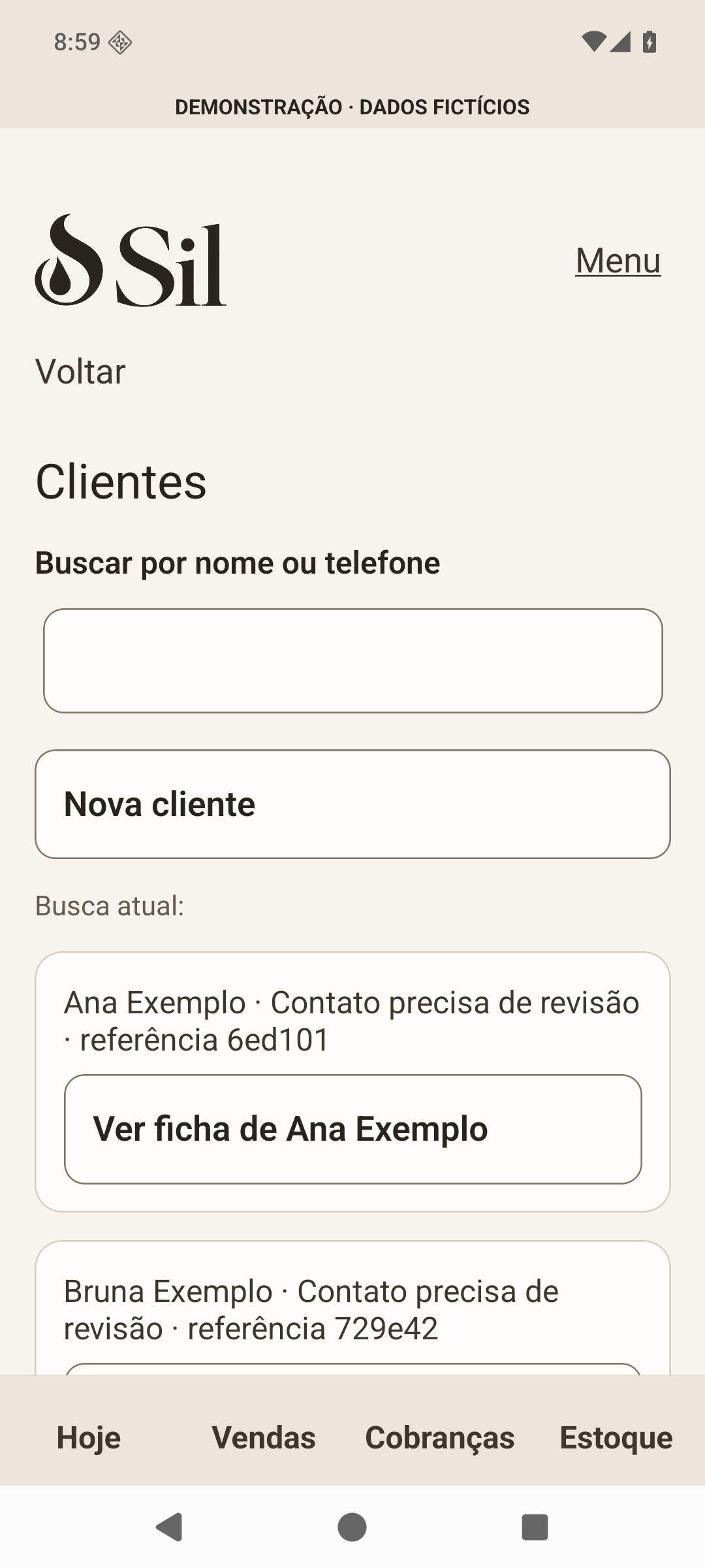 Clientes: busca, nova cliente e ficha de Ana Exemplo, com contato fictício que precisa de revisão.