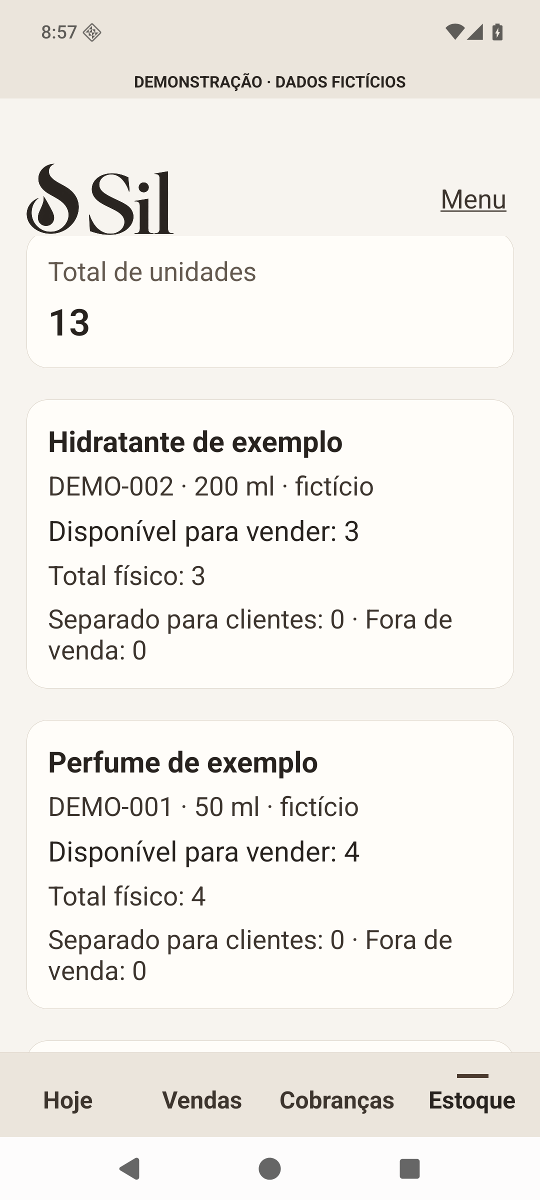 Estoque fictício: 13 unidades no total, hidratante com 3 e perfume com 4 disponíveis para vender; ambos com 0 separado e 0 fora de venda.